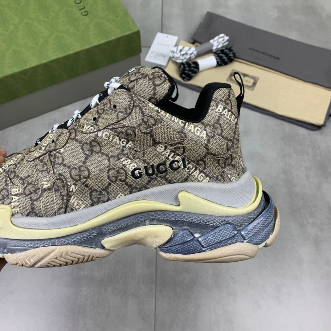 GUCCI x Balenciaga lace-up round toe low top Daddy shoes. The upper adopts imported cowhide