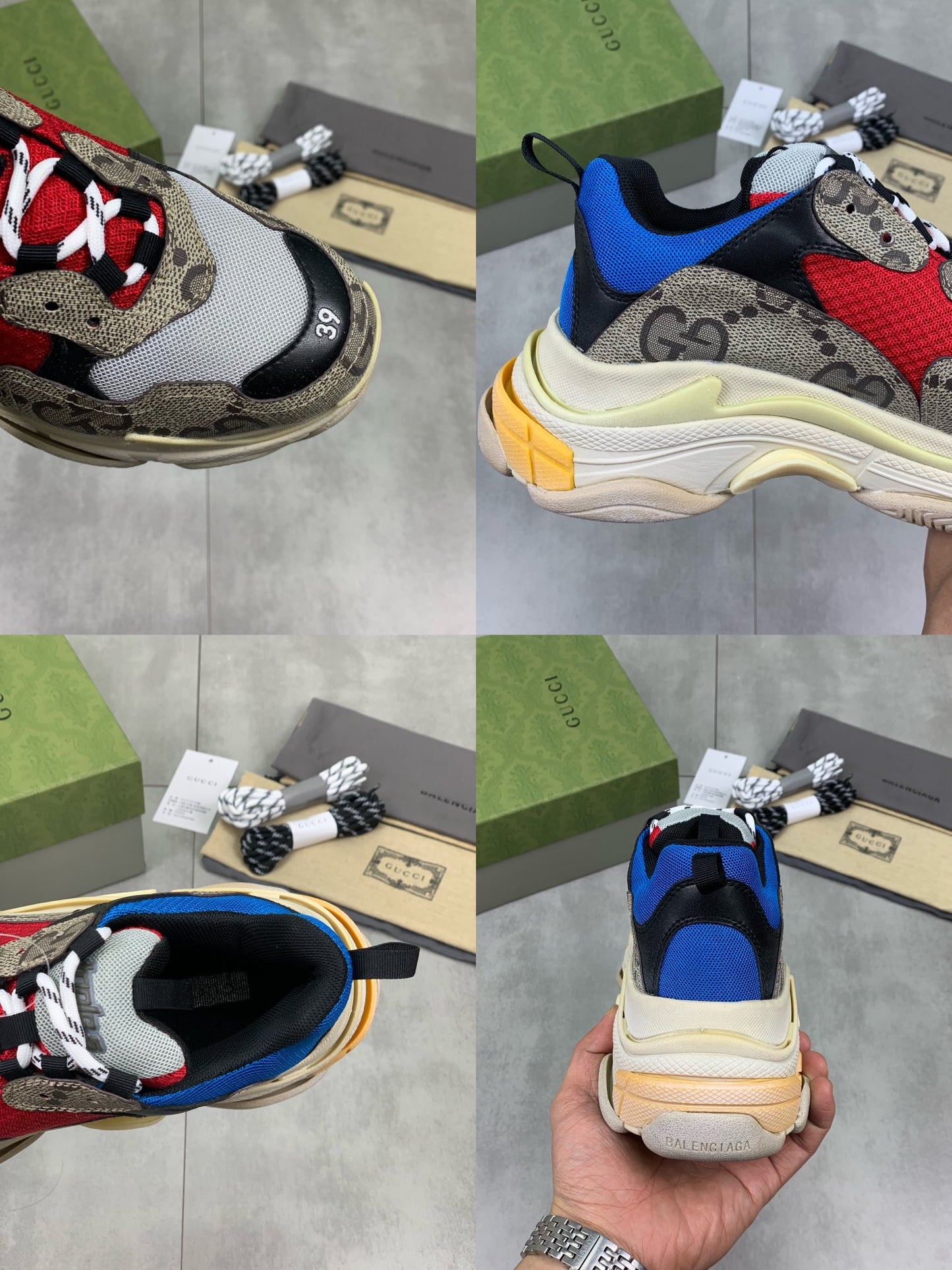 GUCCI x Balenciaga lace-up round toe low top Daddy shoes. The upper adopts imported cowhide