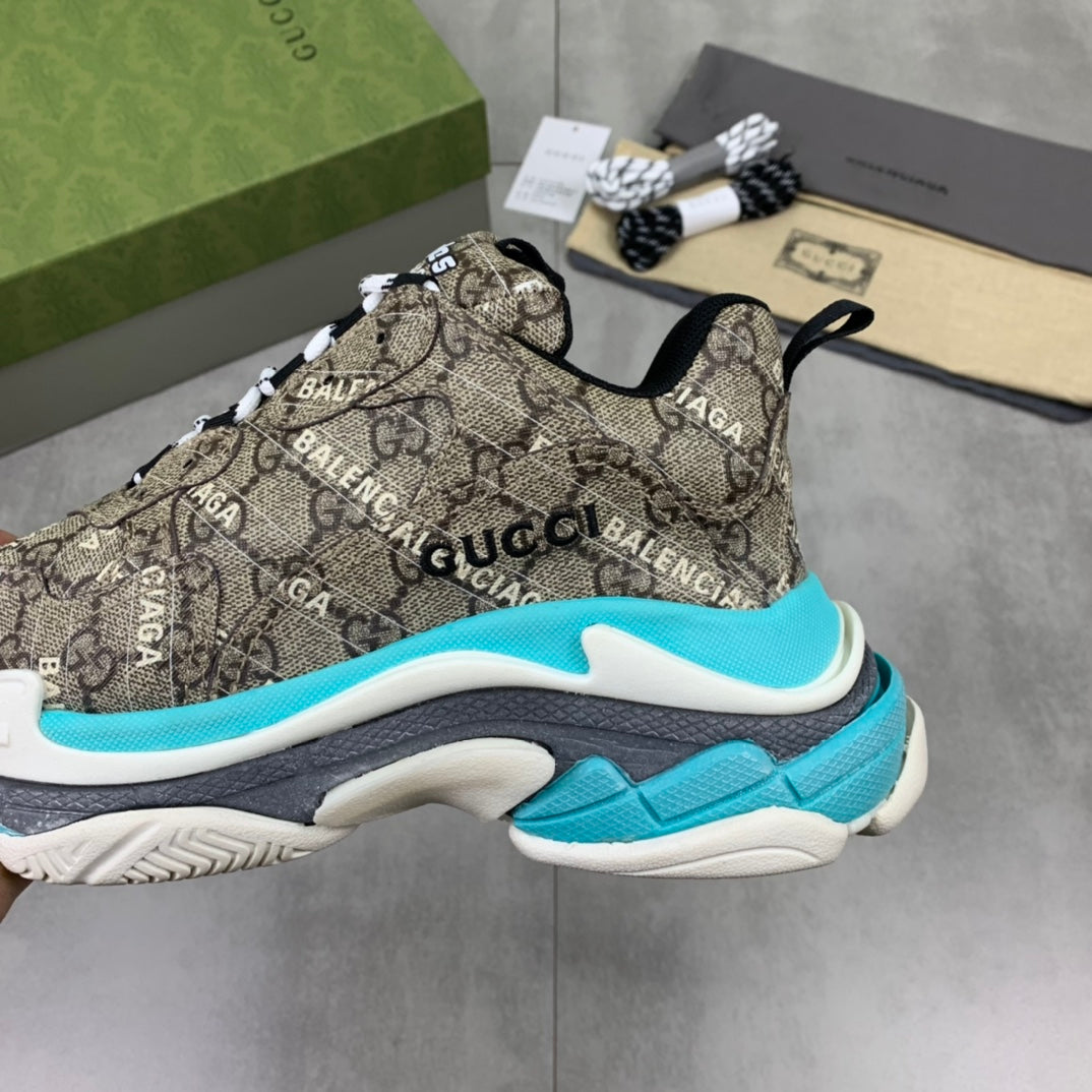 GUCCI x Balenciaga lace-up round toe low top Daddy shoes. The upper adopts imported cowhide