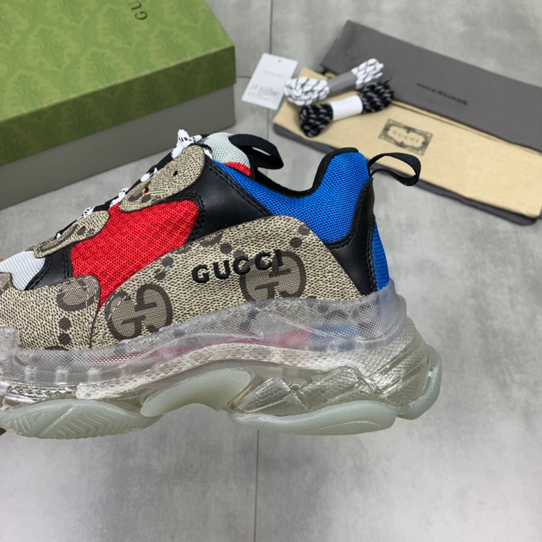 GUCCI x Balenciaga lace-up round toe low top Daddy shoes. The upper adopts imported cowhide