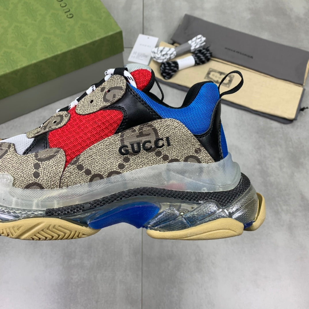 GUCCI x Balenciaga lace-up round toe low top Daddy shoes. The upper adopts imported cowhide