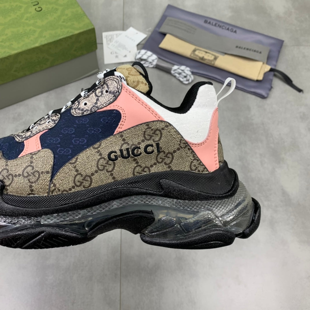 GUCCI x Balenciaga lace-up round toe low top Daddy shoes. The upper adopts imported cowhide